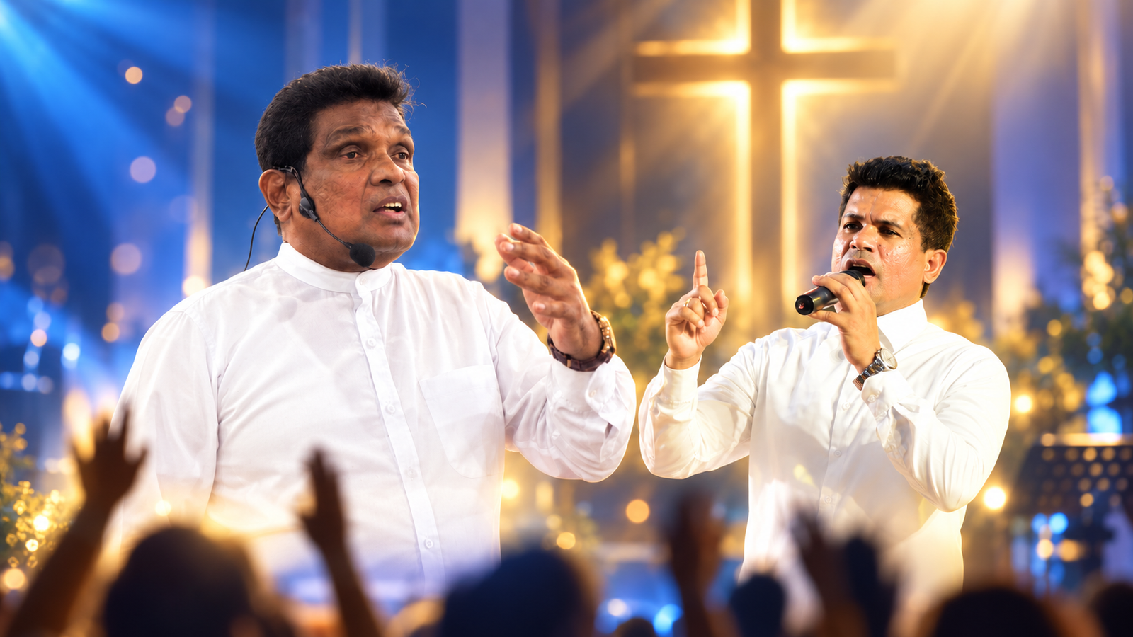 Rev. Dr. Eric Peiris and Rev. Pastor Sandun Peiris ministering before the congregation at a Calvary Pamula crusade